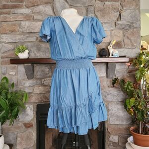 Michael Kors Blue Chambray Smocked Ruffle Hem Wrap Dress Size L NWOT